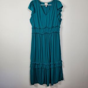 Knox Rose Green Tiered Dress Womens Size L Boho Prairie Ruffle V Neck Maxi